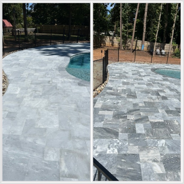 Natural stone pool deck before and after cleaning and sealing