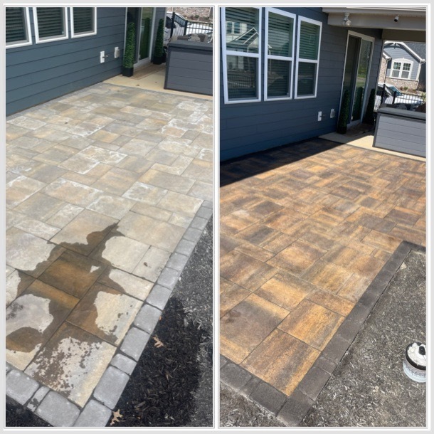 Paver patio cleaned and sealed before and after